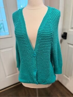 take out Teal Open-Knit Button Cardigan